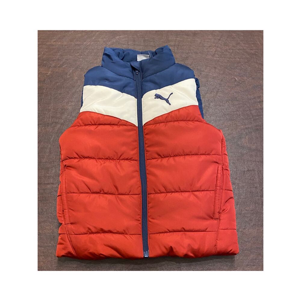 Puma Boys 5 Colorblock Puffer‎ Vest Red Navy White Zip Front Winter Jacket